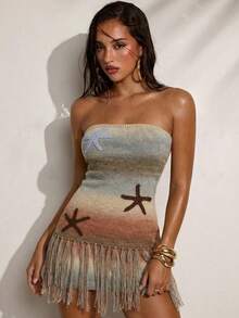 SHEIN BAE 渐变流苏下摆抹胸针织连衣裙，适合海滩度假 - 彩色 - 查看 1