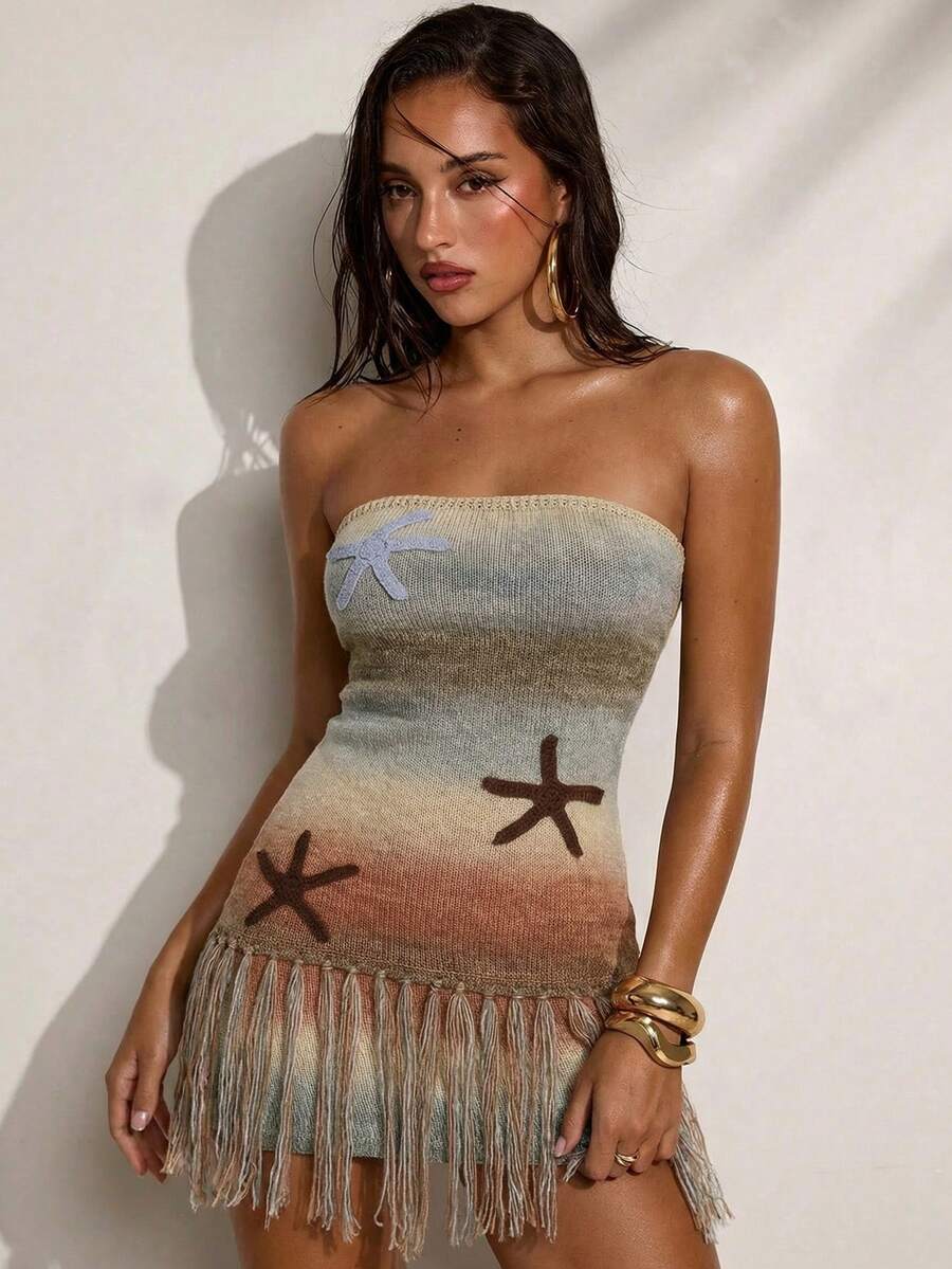 SHEIN BAE 渐变流苏下摆抹胸针织连衣裙，适合海滩度假 - 彩色 - 查看 1