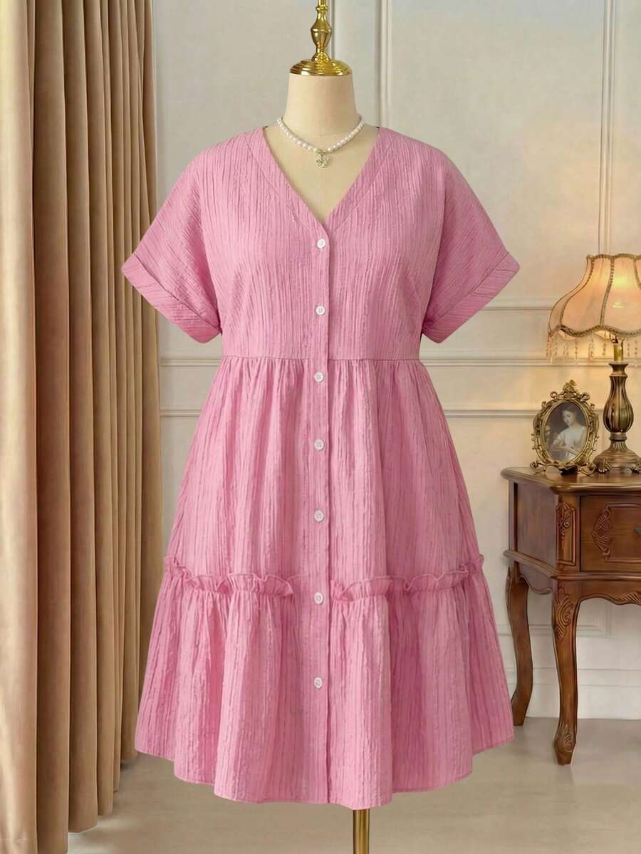 Rometta Plus Size V-Neck Textured Raglan Sleeve A-Line Ruffle Hem Dress - Pink - View 1