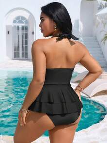 Swim Vcay Conjunto de bikini de top con cuello en V y volantes y Bottom triangular de cintura alta para mujeres de talla grande, adecuado para la playa y las vacaciones en primavera/verano 2026 - Negro - Ver 2