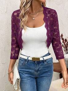 SHEIN Clasi 女士花卉蕾丝七分袖开襟短款轻薄外套，秋冬季款 - 紫色 - 查看 6