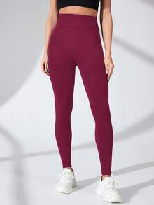 SHEIN Sports 女士纯色高腰无缝弹力运动紧身裤 - 酒紅色 - 查看 2