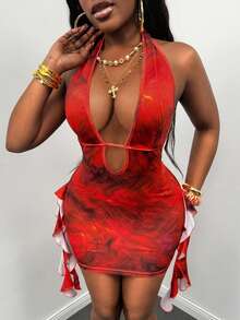 Glyssa Women's Tie-Dye Print Deep V-Neck Halter Dress - Coral Orange - View 6