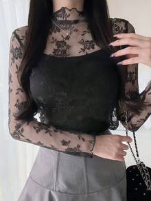 FRIFUL 女士春夏性感薄纱花卉蕾丝百合长袖修身衬衫（不含吊带背心） - 黑色 - 查看 5