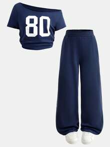 SHEIN Girlism Teen Girls 2 Piece Outfit,Navy Asymmetrical Shoulder Slogan T-Shirt & Slouchy Pants Set,Back-To-School Autumn Streetwear Holiday Casual Gym Clothes - Royal Blue - View 9