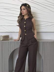 Jemour 1 Conjunto de chaleco de un solo pecho de unicolor, pantalones de pierna ancha plisados - Marrón - Ver 5