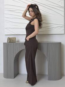 Jemour 1 Conjunto de chaleco de un solo pecho de unicolor, pantalones de pierna ancha plisados - Marrón - Ver 6