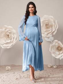 SHEIN Vestido elegante de manga larga con cuello redondo y drapeado en unicolor para maternidad - Celeste - Ver 6