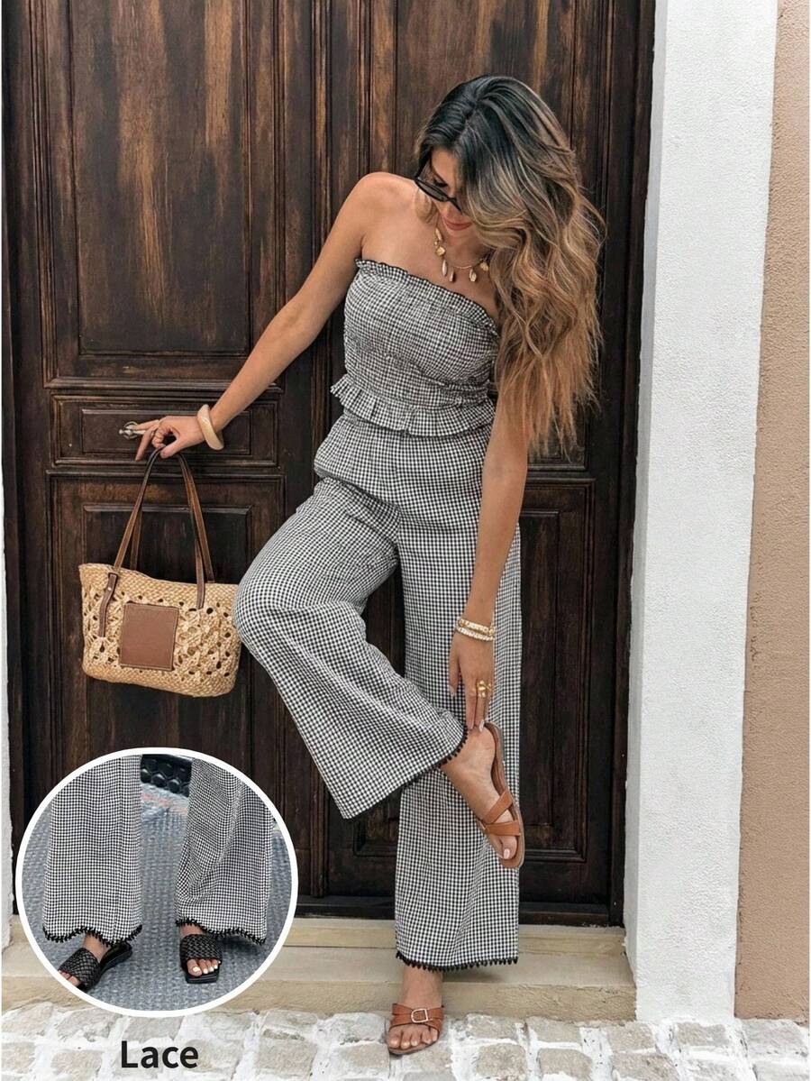 Serisse 女士度假休闲格子抹胸上衣和裤子两件套 - 黑與白 - 查看 1