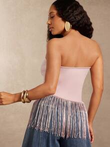 Vixey Top tubo sin tirantes con dobladillo con flecos de jersey cepillado - Rosa Pálido - Ver 5