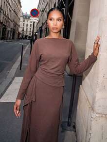 Zivah 2025秋冬新款音乐节、复活节、圣帕特里克节、西部、游牧风、生日派对、毕业典礼宽松圆领长袖衬衫和裹身裙舒适2件套 - 棕色 - 查看 5