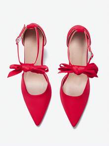 2025秋冬季蝴蝶结装饰踝带高跟鞋，情人节、性感、优雅、派对装扮 - 紅色 - 查看 4