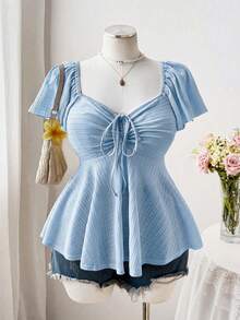 Sweetra Áo thun nữ cỡ lớn cổ vuông, tay bồng, dây rút, nơ eo, dáng chữ A, chất liệu vải dệt họa tiết cổ điển, thanh lịch, dễ thương, phong cách thường ngày. - Màu xanh lam - Xem 1