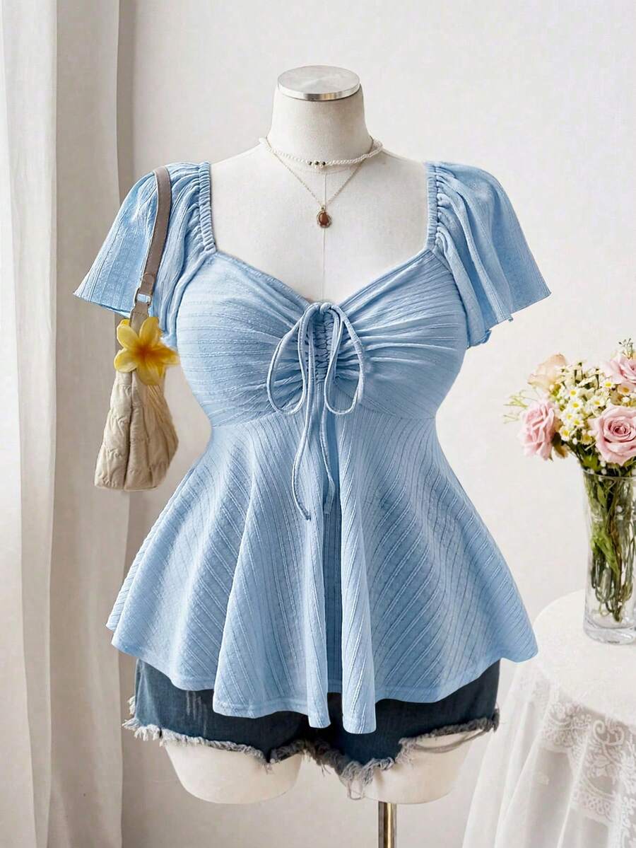 Sweetra Áo thun nữ cỡ lớn cổ vuông, tay bồng, dây rút, nơ eo, dáng chữ A, chất liệu vải dệt họa tiết cổ điển, thanh lịch, dễ thương, phong cách thường ngày. - Màu xanh lam - Xem 1