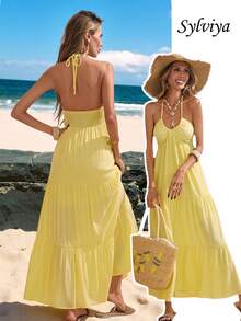 Sylviya 女士休闲吊带系带连衣裙 - 黃色 - 查看 1