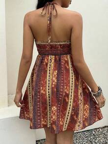 Sunnyshic 女士休闲度假时尚日常百搭波西米亚复古佩斯利印花亮片菱形装饰不规则下摆露背蝴蝶结迷你连衣裙，春夏款 - 彩色 - 查看 2