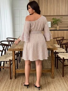Weeklong Plus Size Women's Spring/Summer Asymmetric Collar Open Shoulder Plaid Patchwork Ruffle Sleeve Tie Waist A-Line Short Dress - Multicolor - View 2