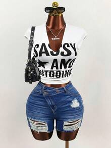 Mistrie Women's Casual Pocketed Button Distressed Denim Shorts, Versatile For Daily Wear Work Shorts Work Shorts For Women Y2k Summer Clothes Y2k Low Rise Jeans Xrlq9 Ladies Clothes - Blue - View 3