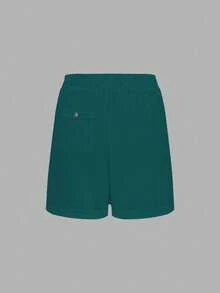 Linhara Plus Size Washed Cotton Cinched Waist Backpocket Button Decor Short Casual Top - Teal Blue - View 2