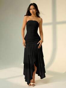 SHEIN PETITE Đầm cúp ngực xếp ly bất đối xứng dành cho nữ, thích hợp cho các buổi hẹn hò và mùa cưới, đầm hè cho nữ. - màu đen - Xem 9