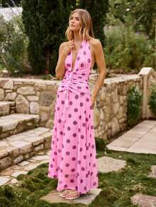 KARISMINA Abito a costine e rete a pois con schiena scoperta, adatto per vacanze primaverili ed estive. Abiti a pois per donne, abbigliamento da resort, abiti da donna per vacanze, abiti da picnic, abiti estivi lunghi per donna. - Rosa - Visualizzare 5