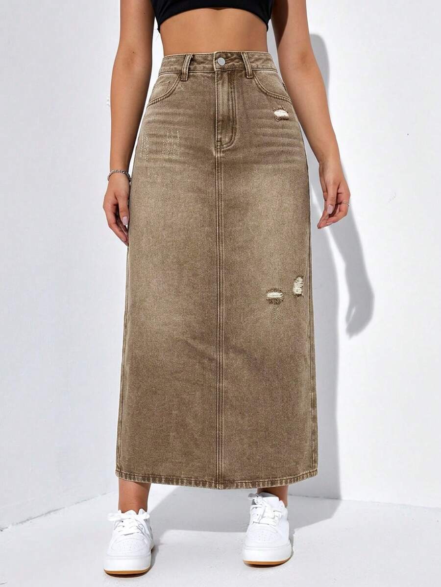 SHEIN EZwear 女士纯色简约休闲牛仔迷你裙 - 卡其色 - 查看 1