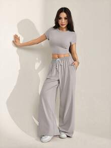 SHEIN PETITE Women's Casual Solid Color Cropped T-Shirt And Pants 2 Pieces Set, Summer Casual Two Pieces Set Two Pieces Lounge Set Two Pieces Set Women Grey Two Pieces Set Comfortable Two Pieces Set,Work Outfits For Women - Khaki - View 6