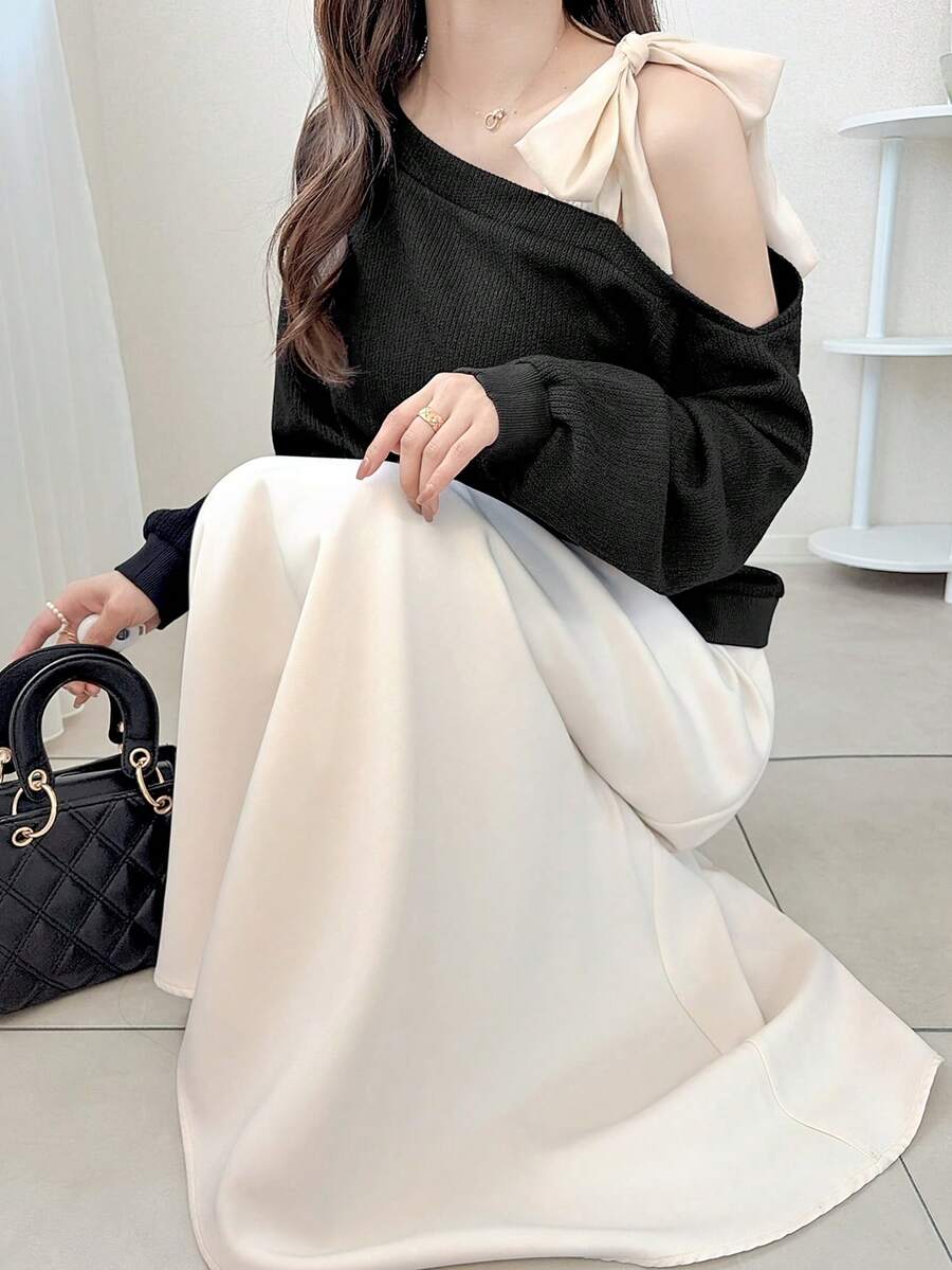 FRIFUL Áo thun dài tay nữ kiểu dáng casual phối màu tương phản, thiết kế xoắn vai, thích hợp mặc mùa hè. - màu đen - Xem 1