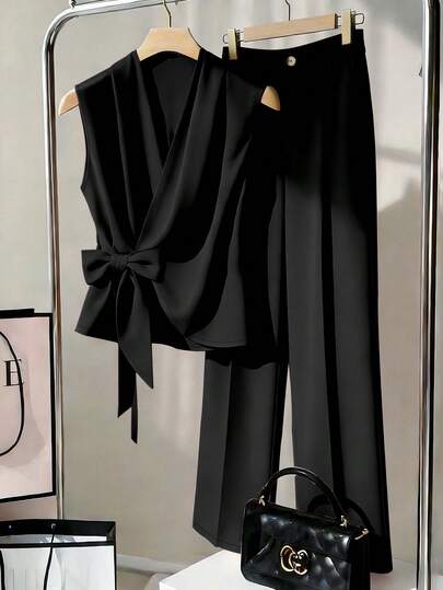 Franclia Fashionable V-Neck Sleeveless Pink Blouse And Trousers Two Pieces Outfit, Commuting Style For Women, Spring/Summer