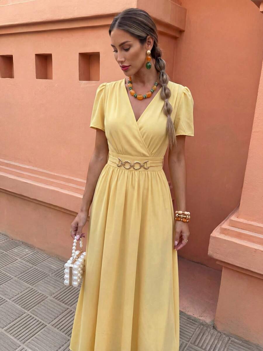 Flora Isola Flora Isola New Women's Pale Yellow Summer Elegant Brunch Holiday Holiday Shirred Woven Fabric,Ruffle Sleeve,Button Decoration,Drawstring Slim Fit Daily Dress - Yellow - View 1