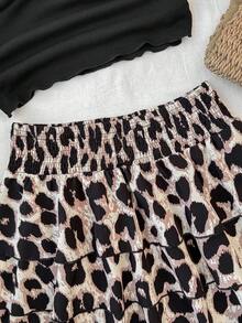 SHEIN 少女夏季休闲度假白色针织扭结前襟方领修身上衣，宽松A字层叠豹纹中长裙套装 - 彩色 - 查看 5