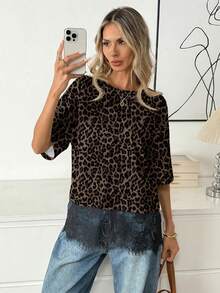 Easowa 女士混纺T恤，优雅蕾丝下摆，短袖休闲圆领上衣，舒适T恤，蕾丝饰边，时尚短袖圆领衬衫 - 彩色 - 查看 5