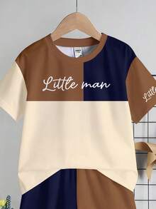 SHEIN Young Boy Casual Simple T-Shirt Set, Classic Color Block Patchwork Cool Graphic Print, Suitable For School, Spring/Summer - Multicolor - View 5