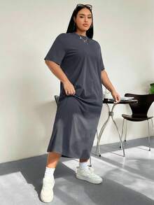 SHEIN EZwear Deep Grey Casual Long T-Shirt Dress, Plus Size - Dark Grey - View 9