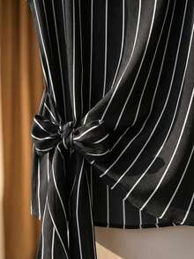 Franclia Women's All-Over Print V-Neck Front Tie Casual Short Sleeve Shirt - Black and White - View 5