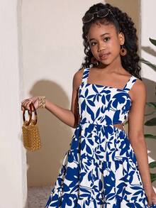 SHEIN Tween Girl Casual Vacation Fashion Cap Sleeve Bowknot Hollow A-Line Dress - Blue - View 4