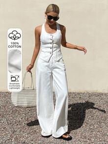 DAZY Bộ đồ denim nữ gồm áo yếm hở lưng và quần ống rộng thoải mái, thích hợp cho kỳ nghỉ hè. - trắng - Xem 1