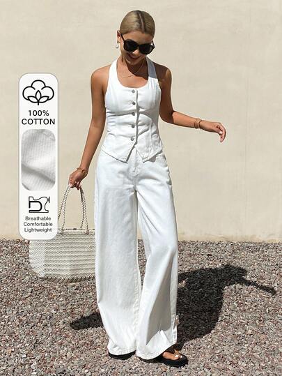 DAZY Conjunto de top de mezclilla con escote halter y espalda descubierta y pantalones anchos de pierna ancha casual para vacaciones