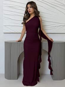 Jemour Asymmetric Ruched Backless Maxi Mesh Dress With Ruffle Hem, Elegant Women's Dress For Vacation & Beach, Spring/Summer ,Summer Dress - Maroon - View 4