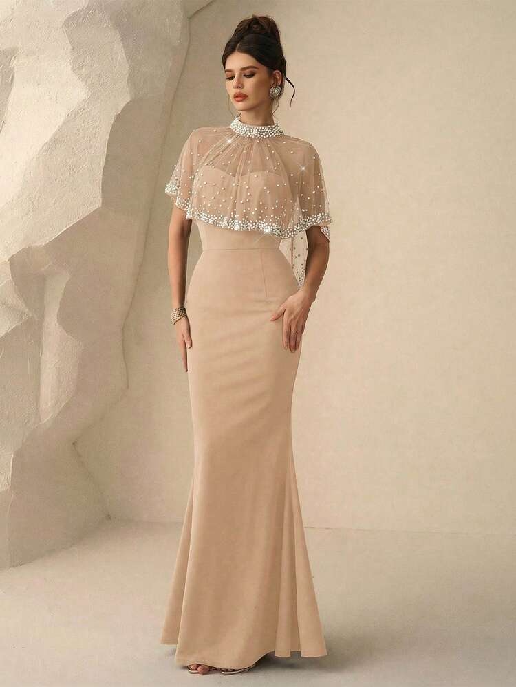 Coutiva 奢华晚礼服，高端正式礼服，优雅淑女风连衣裙 - 杏色 - 查看 4