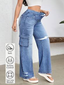 Flexra Women's Casual Washed Straight Leg Cargo Jeans - Blue - View 1