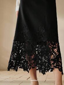 Chân váy xòe thanh lịch dành cho nữ của Anewsta, phối ren thêu rỗng, dáng chữ A, có thắt lưng, dài ngang gối, chất liệu dệt, thích hợp cho mùa xuân/hè. - màu đen - Xem 1