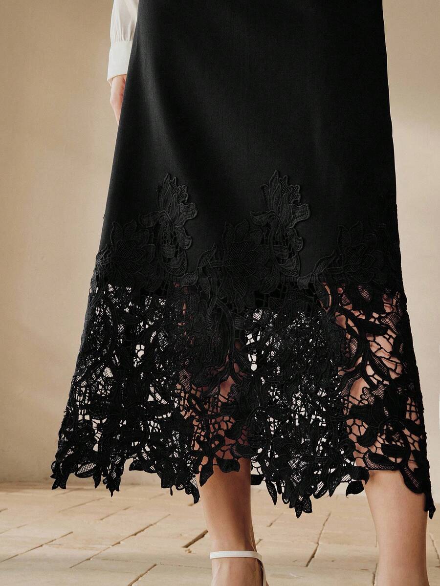 Chân váy xòe thanh lịch dành cho nữ của Anewsta, phối ren thêu rỗng, dáng chữ A, có thắt lưng, dài ngang gối, chất liệu dệt, thích hợp cho mùa xuân/hè. - màu đen - Xem 1