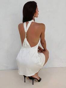 Aloruh 女士纯色露背系带时尚约会派对迷你连衣裙 - 杏色 - 查看 1