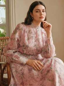 Anewsta Vestido longo feminino plus size elegante com estampa floral miúda, mangas compridas, babados, detalhes em pérolas e strass, modelagem que afina a cintura, novidade da coleção primavera/verão. - Rosa - Ver 6