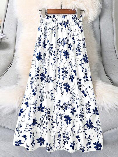 SHEIN LUNE Plus Size Women's Casual Vacation Style Allover Print Elastic Waist Skirt, Spring/Summer/Autumn