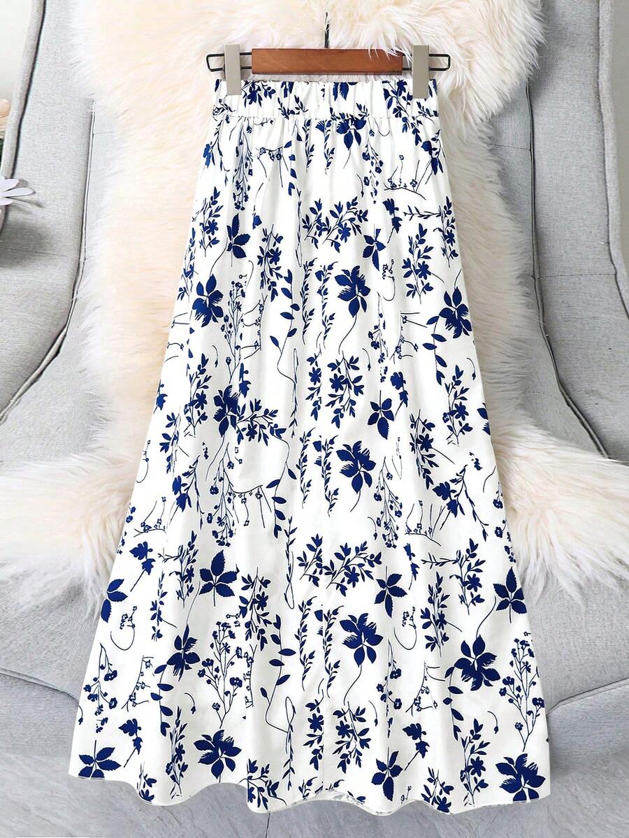 SHEIN LUNE Plus Size Women's Casual Vacation Style Allover Print Elastic Waist Skirt, Spring/Summer/Autumn - Multicolor - View 1