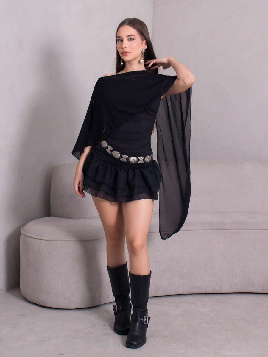 Duda Rubert Áo len dệt kim cổ bẻ lệch vai cho nữ, áo len ôm dáng thanh lịch, mùa thu/đông - màu đen - Xem 1