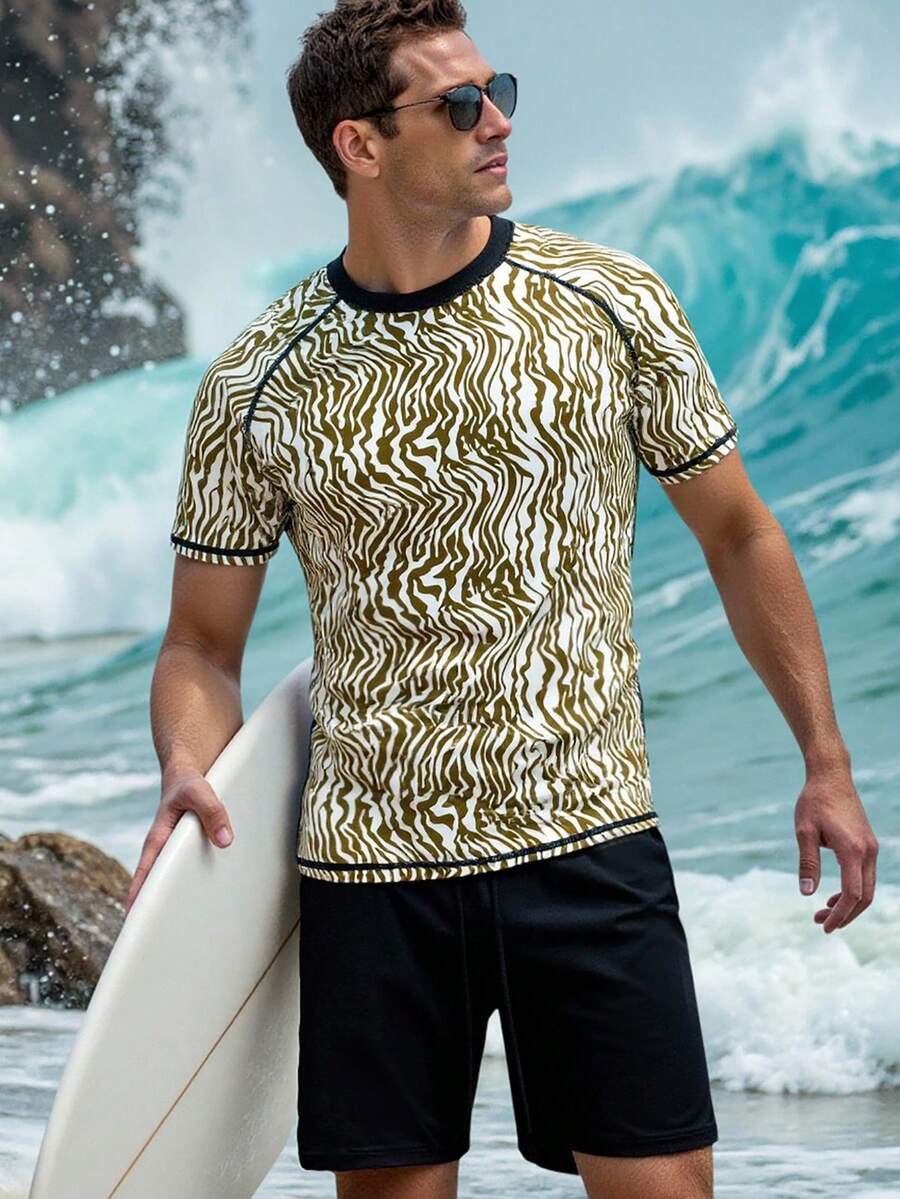 Zalmeno Men's All-Over Print Short Sleeve Rash Guard And Solid Color Swim Trunks Swimsuit Set Surf Shirt Men Rash Guard Swim Shirt For Men Zebra Print Top Men Beach Wear For Men - Brown - View 1