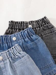 SHEIN Vintaside Kids 3件套女婴彩色牛仔短裤，夏季新品，荷叶边裤脚+松紧腰设计，穿着舒适，柔软棉质牛仔面料，多件装超值，适合夏季度假、外出、派对、日常搭配、上学等各种场合，经典牛仔短裤 - 彩色 - 查看 6